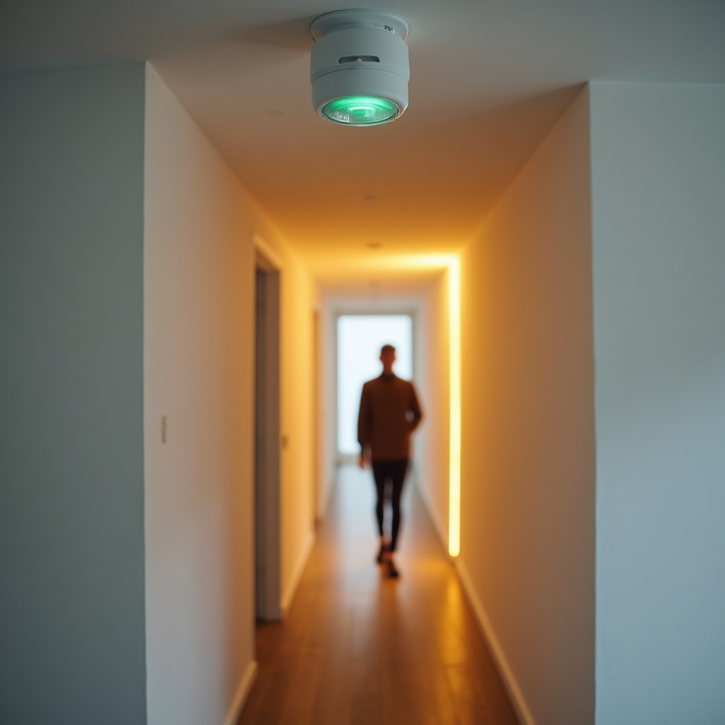 Bewegungsmelder an der Decke eines modernen Flurs mit warmem Licht