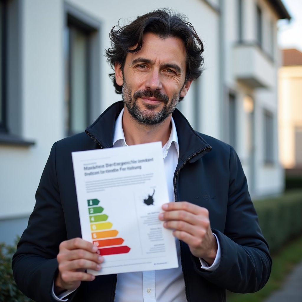 Hand hält einen Energieausweis-Dokument vor einem modernen Gebäude