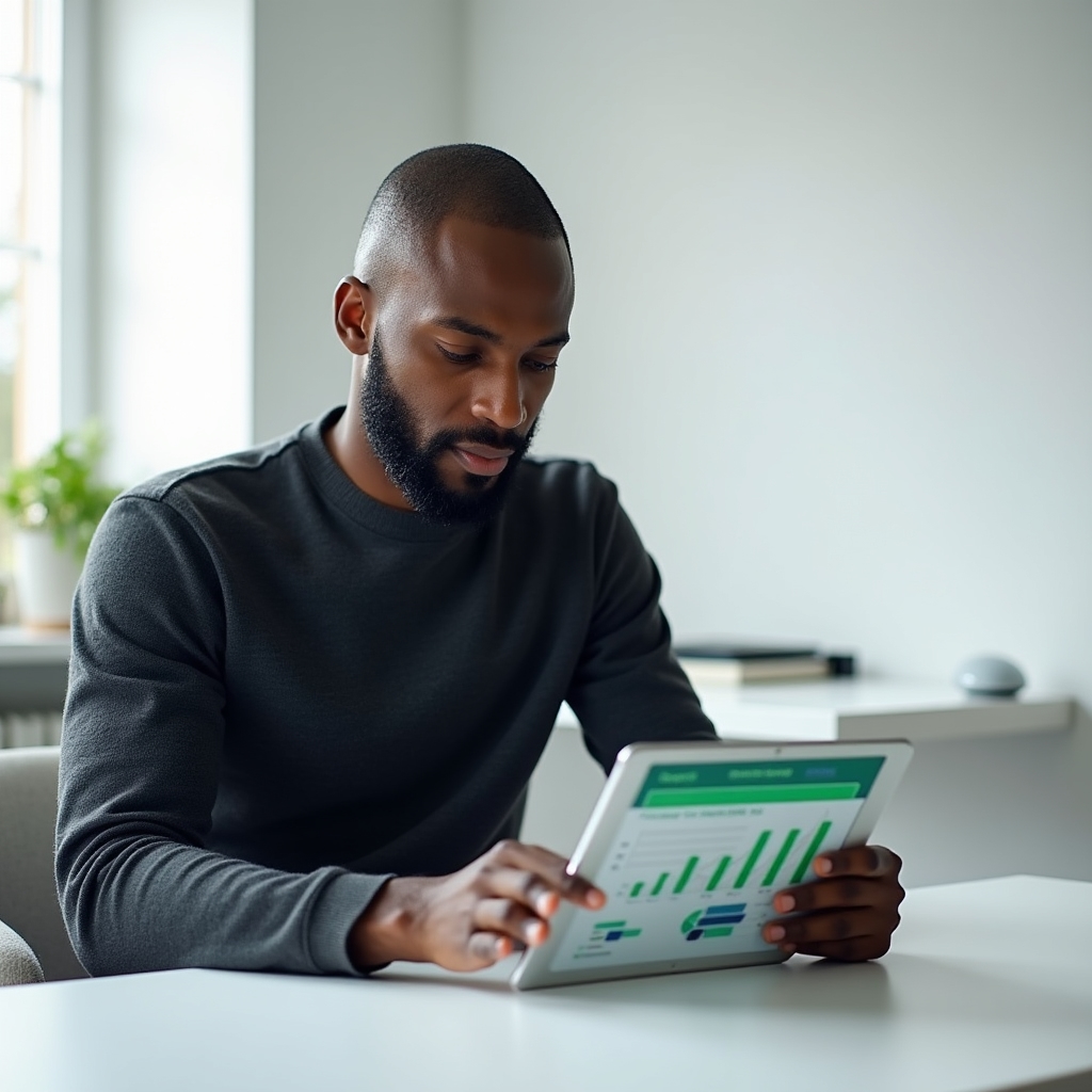 Person analysiert Energieverbrauchsdaten auf einem Tablet