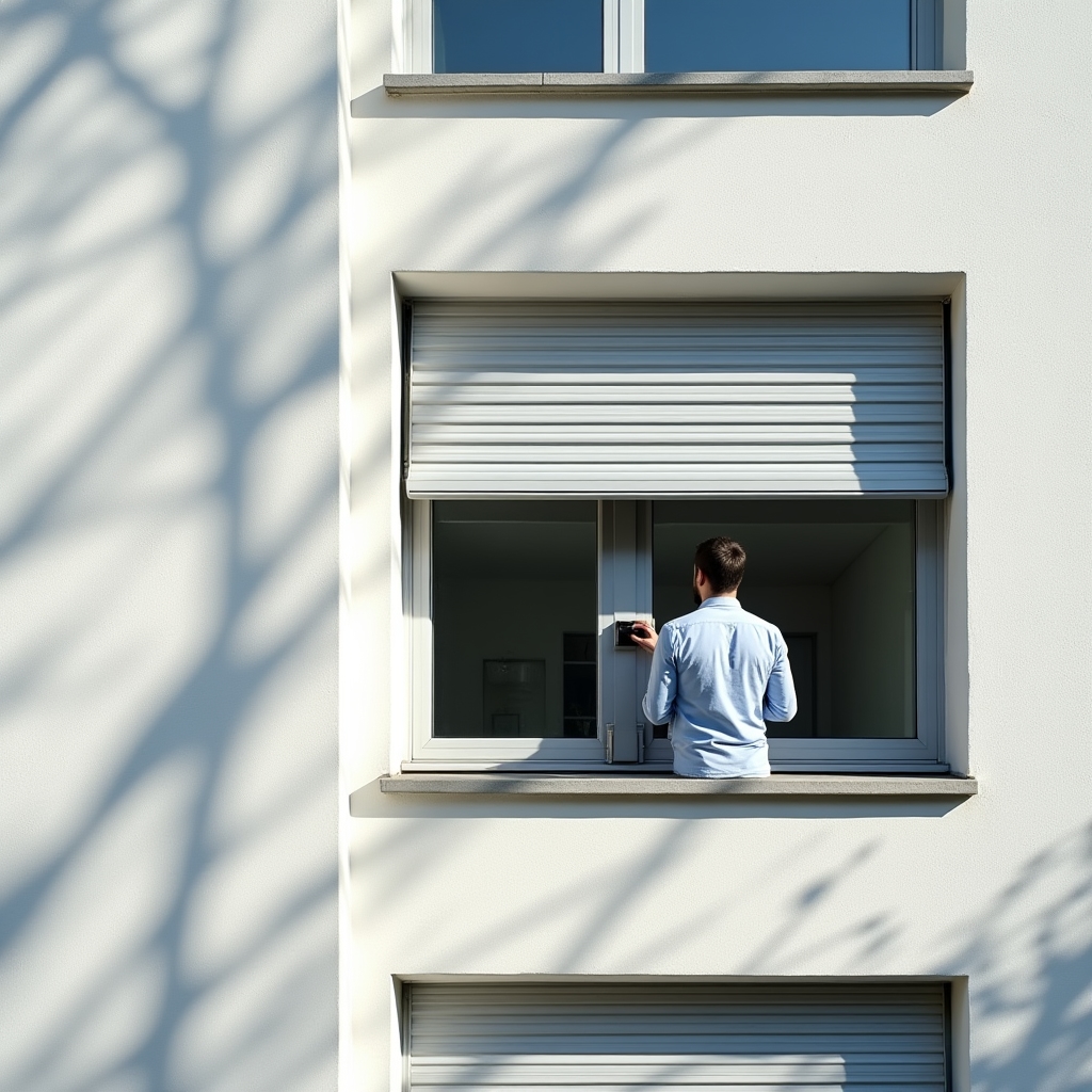 Automatische Rollladensteuerung an einer modernen Hausfassade bei Sonnenlicht