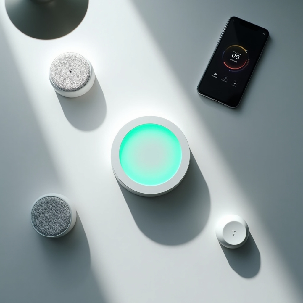 Smart Home Zentral-Hub mit mehreren verbundenen Geräten auf einem Tisch