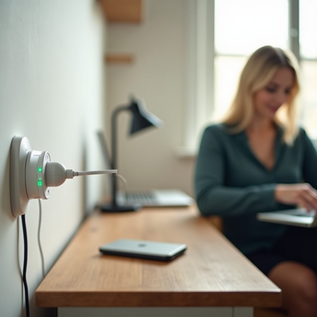 Smarte Steckdose an einem aufgeräumten Schreibtisch mit Energiemessanzeige