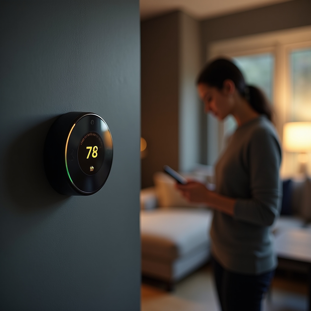 Intelligenter Thermostat an einer Wohnzimmerwand mit Temperaturanzeige