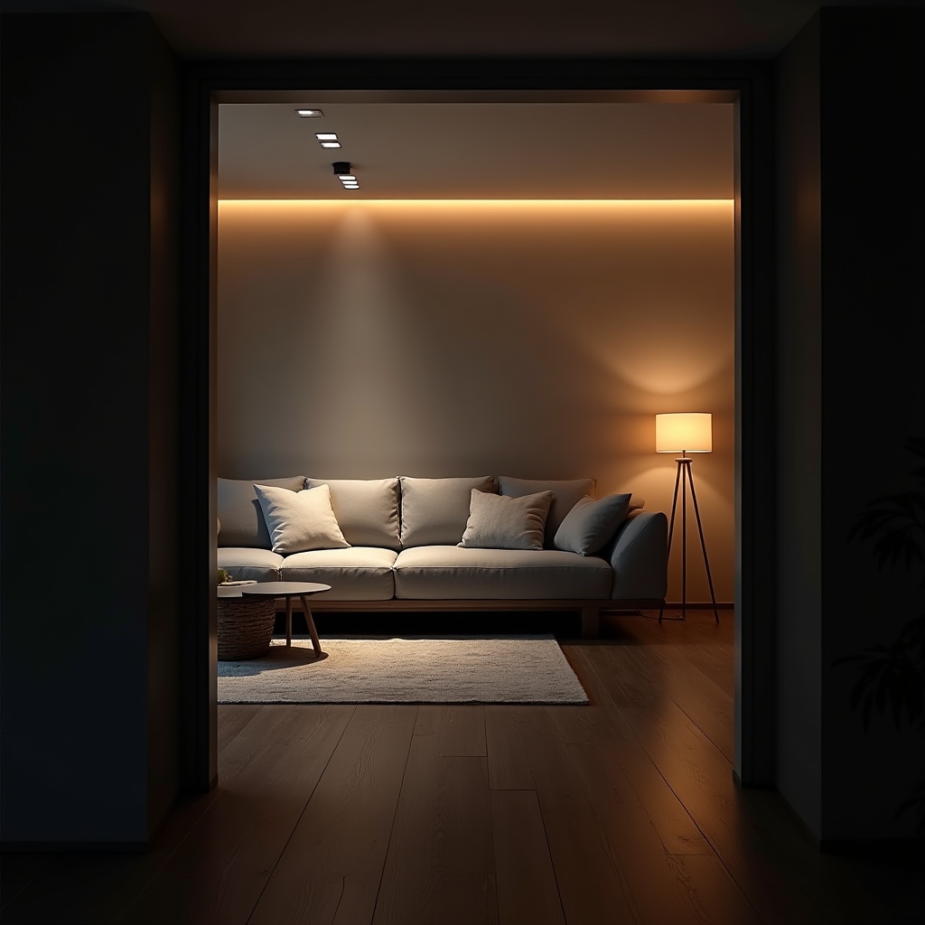 Modernes Wohnzimmer mit smartem Ambientelicht und Bewegungssensor an der Decke